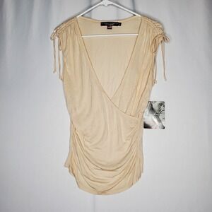 Rampage 90's Vtg Vneck Top Juniors Medium Beige Tie Ruched Faux Wrap Y2K USA